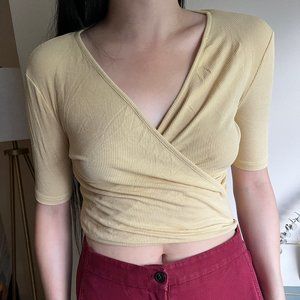 Wrap ribbed mid-sleeve top